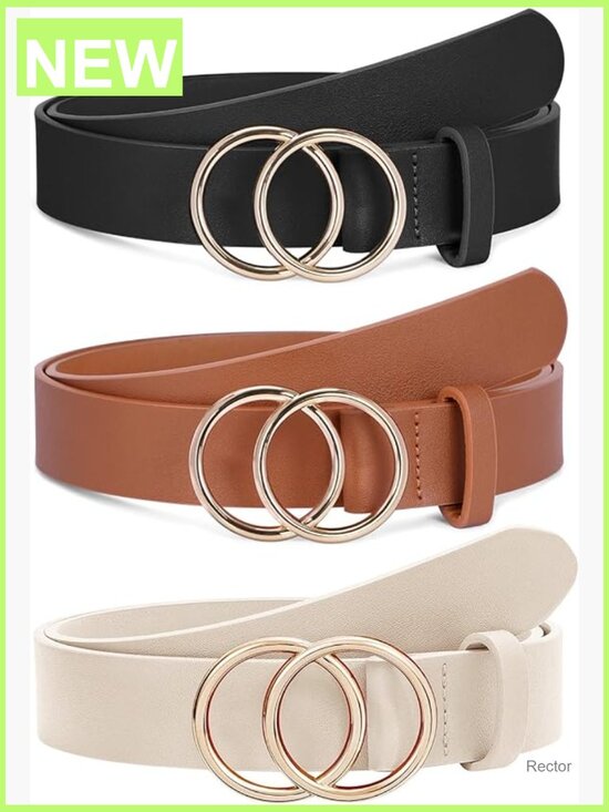 3 Pack Women\'s Faux Leather Belts with Gold Double O-Ring Buckle main image 4